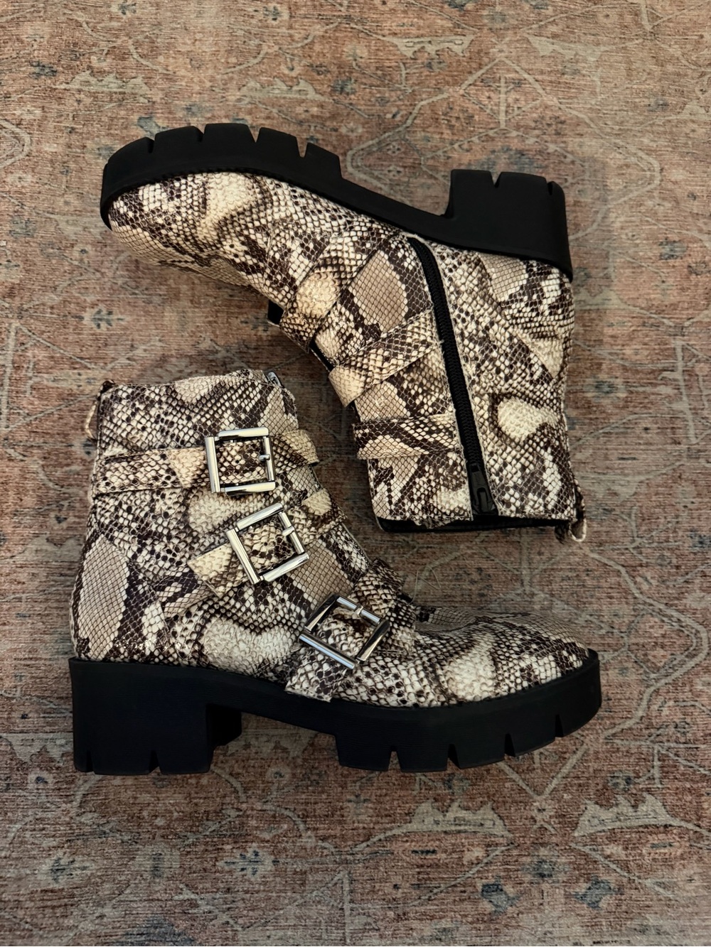 bp Snake-Print Buckle Combat Boots - Cream/Brown/Black